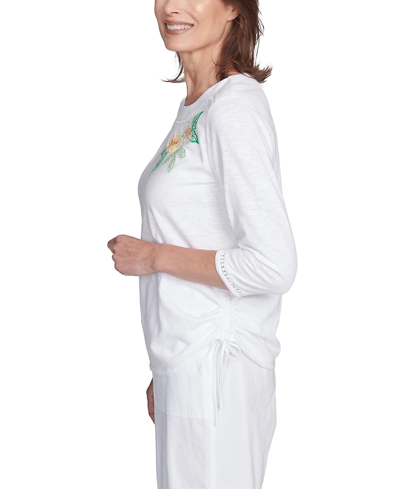 Alfred Dunner Petite Rise & Shine Embroidered Pineapple Top