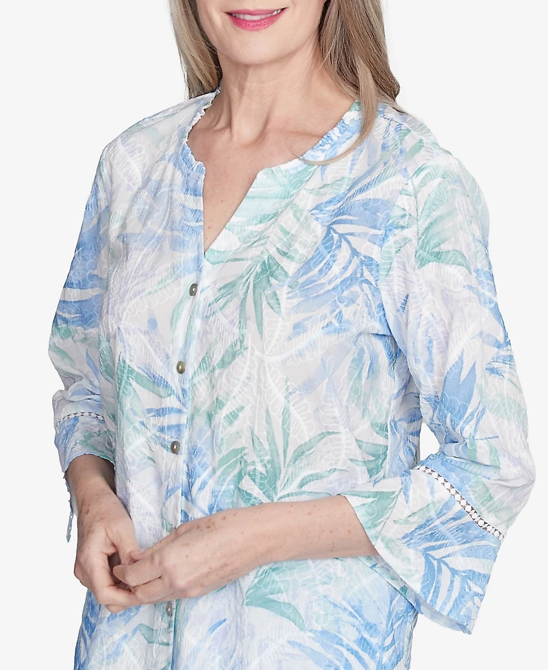 Alfred Dunner Petite St. Thomas Tropical Embroidered Button Front Top