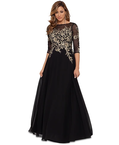 Betsy & Adam Embroidered 3/4-Sleeve Gown