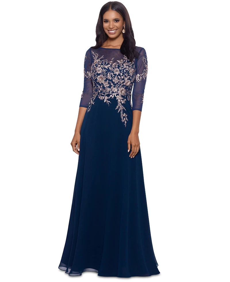 Betsy & Adam Embroidered 3/4-Sleeve Gown