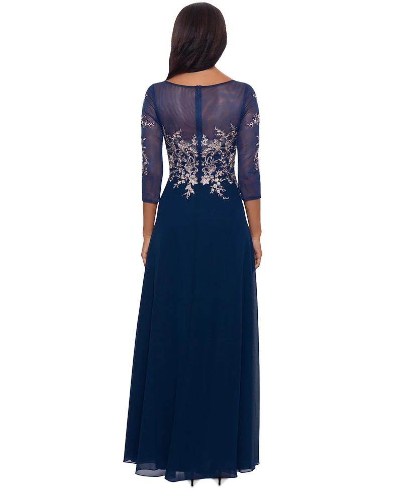 Betsy & Adam Petite Floral-Embroidered Mesh Gown