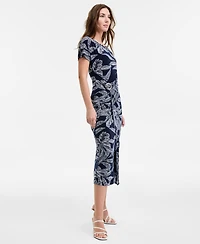 Robbie Bee Women's Printed Round-Neck Faux-Wrap Dress