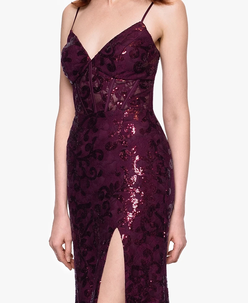 Blondie Nites Juniors' Sequined Lace Corset Gown