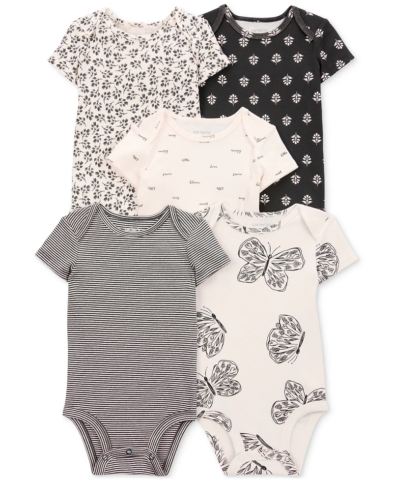 Carter's Baby Girls Striped Butterfly Short-Sleeve Cotton Bodysuits, 5 Pack
