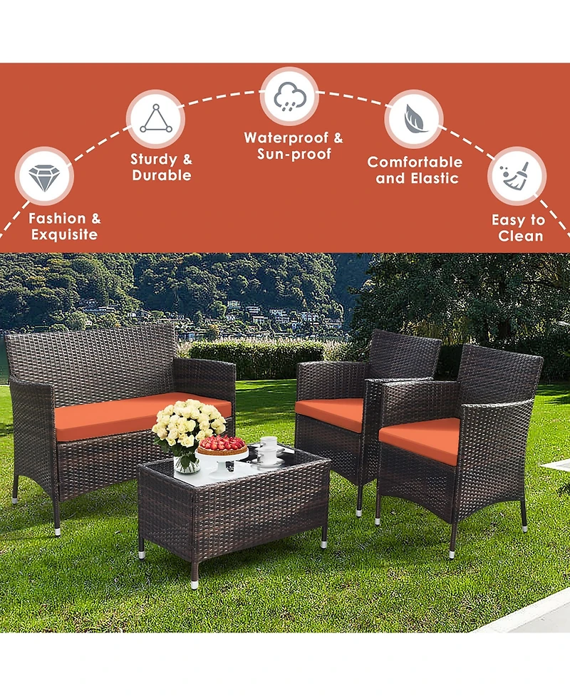 Gymax Set of 8 Outdoor Patio Rattan Conversation Furniture Set w/ Cushion Table