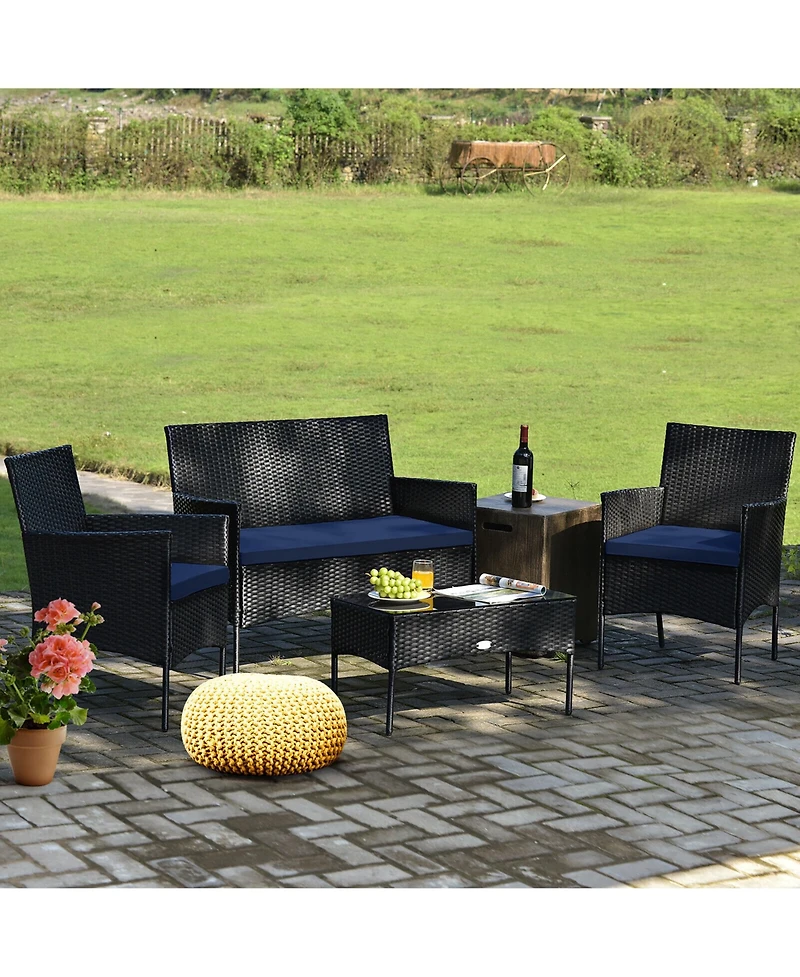 Gymax 4 Piece Patio Rattan Conversation Set Outdoor Furniture Set w/ Cushions