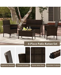 Gymax 4 Pcs Outdoor Wicker Furniture Set Patio Rattan Conversation Set w/ Chair Cushions