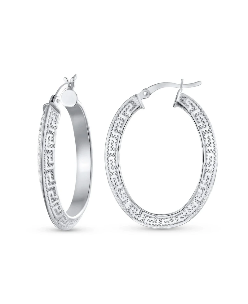 Bling Jewelry Large Greek Key Oval Hoop Huggie Earrings Sterling Silver 1 Inch Diameter