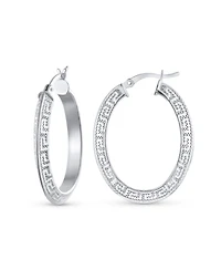 Bling Jewelry Large Greek Key Oval Hoop Huggie Earrings Sterling Silver 1 Inch Diameter