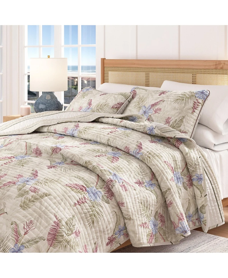 Linery & Co. Cotton Stitched Reversible Tropical Palm 3 Piece Quilt and Sham Set