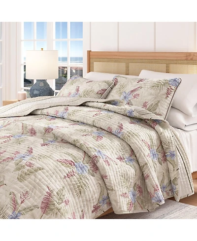 Linery & Co. Cotton Stitched Reversible Tropical Palm 3 Piece Quilt and Sham Set