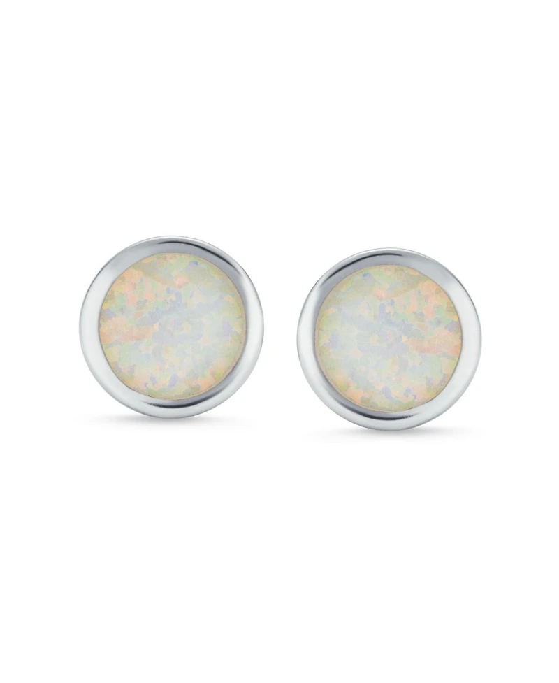Bling Jewelry Classic Simple Iridescence Bezel Setting Flat Round Circle Created White Opal Stud Earrings .925 Sterling Silver Large 9MM