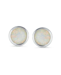 Bling Jewelry Classic Simple Iridescence Bezel Setting Flat Round Circle Created White Opal Stud Earrings .925 Sterling Silver Large 9MM