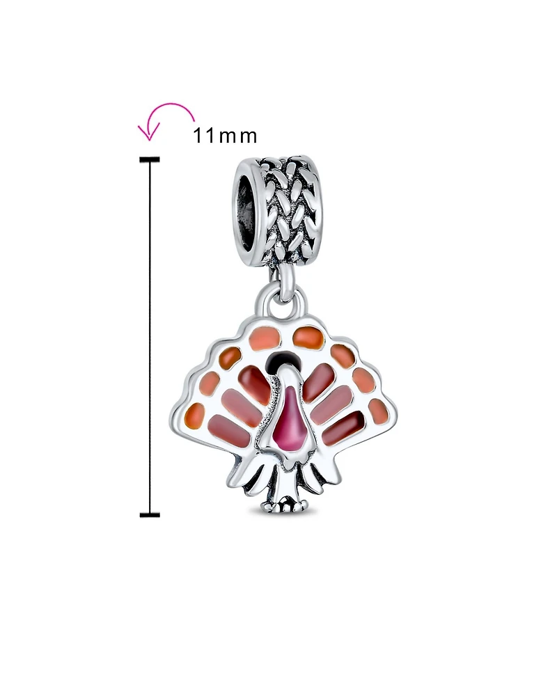 Bling Jewelry Thanksgiving Turkey Dangle Charm Bead Brown Enamel European Bracelet Silver