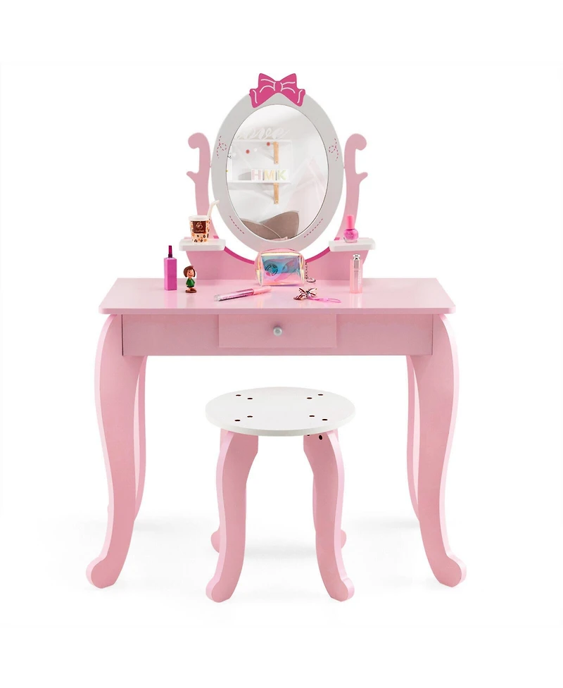 Kid Vanity Table Stool Set with Oval Rotatable Mirror