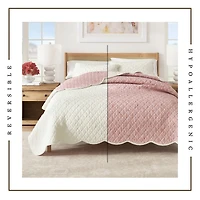Linery & Co. Cotton Stitched Reversible Floral 3 Piece Scalloped Quilt and Sham Set