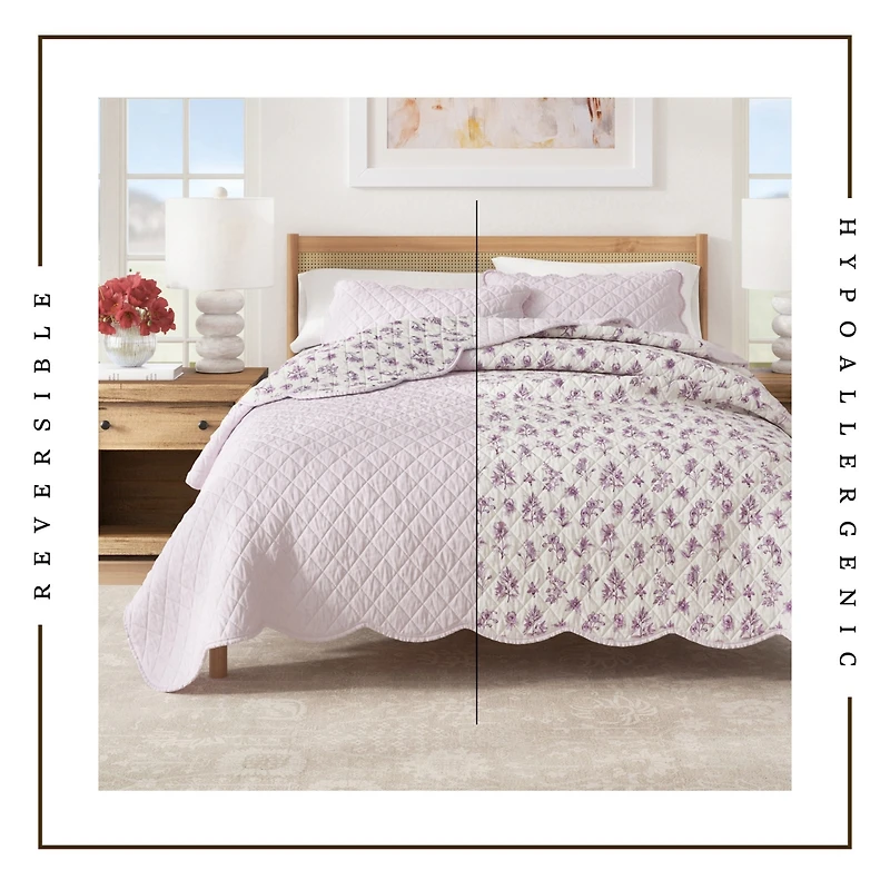 Linery & Co. Cotton Stitched Reversible Floral 3 Piece Scalloped Quilt and Sham Set