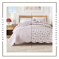 Linery & Co. Cotton Stitched Reversible Floral 3 Piece Scalloped Quilt and Sham Set
