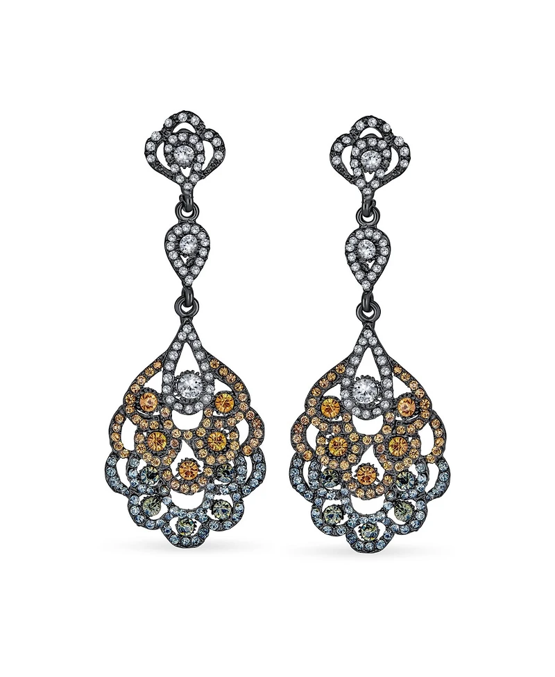 Bling Jewelry Estate Style Dangling Holiday Party Long Lace Flower Pink Black White Crystal Chandelier Statement Earrings Black Plated