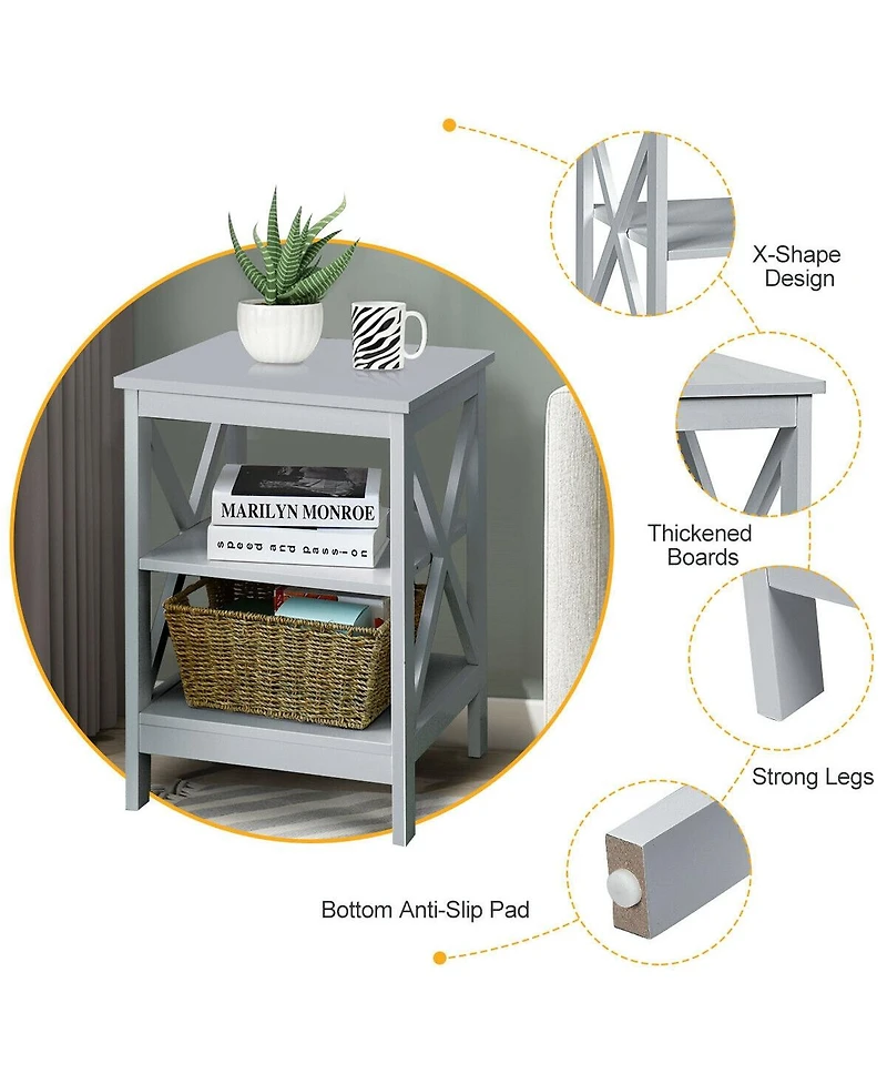 3-Tier Nightstand End Table with X Design Storage