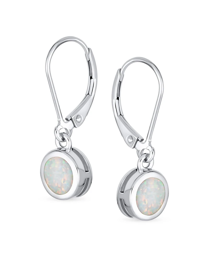 Bling Jewelry Bezel Round Circle Solitaire White Created Opal Dangle Lever Back Earrings .925 Sterling Silver