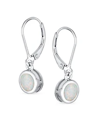 Bling Jewelry Bezel Round Circle Solitaire White Created Opal Dangle Lever Back Earrings .925 Sterling Silver
