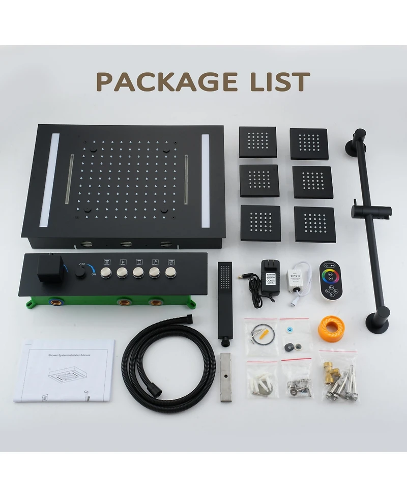 Mondawe Thermostatic Flush Ceiling Mounted Complete Shower System with Led Lights, Body Jets and Slide Bar