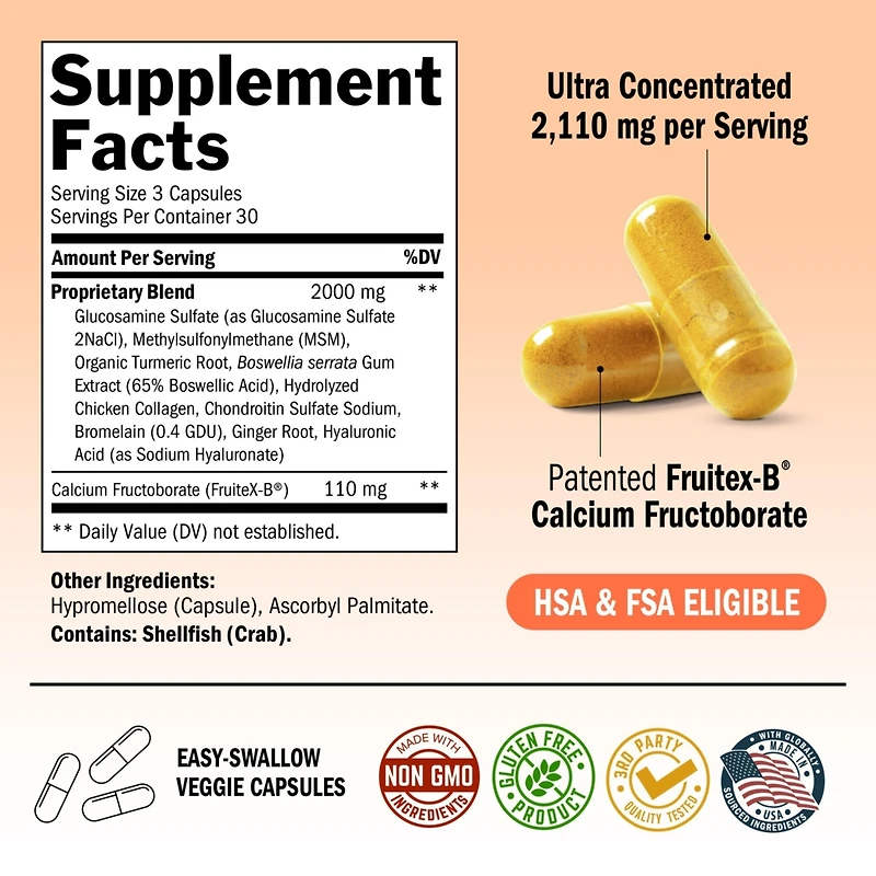 Glucosamine Chondroitin Msm 2110mg - Joint Support Supplement with Turmeric Curcumin - Gluten-Free Non-gmo Supplement - Made in Usa