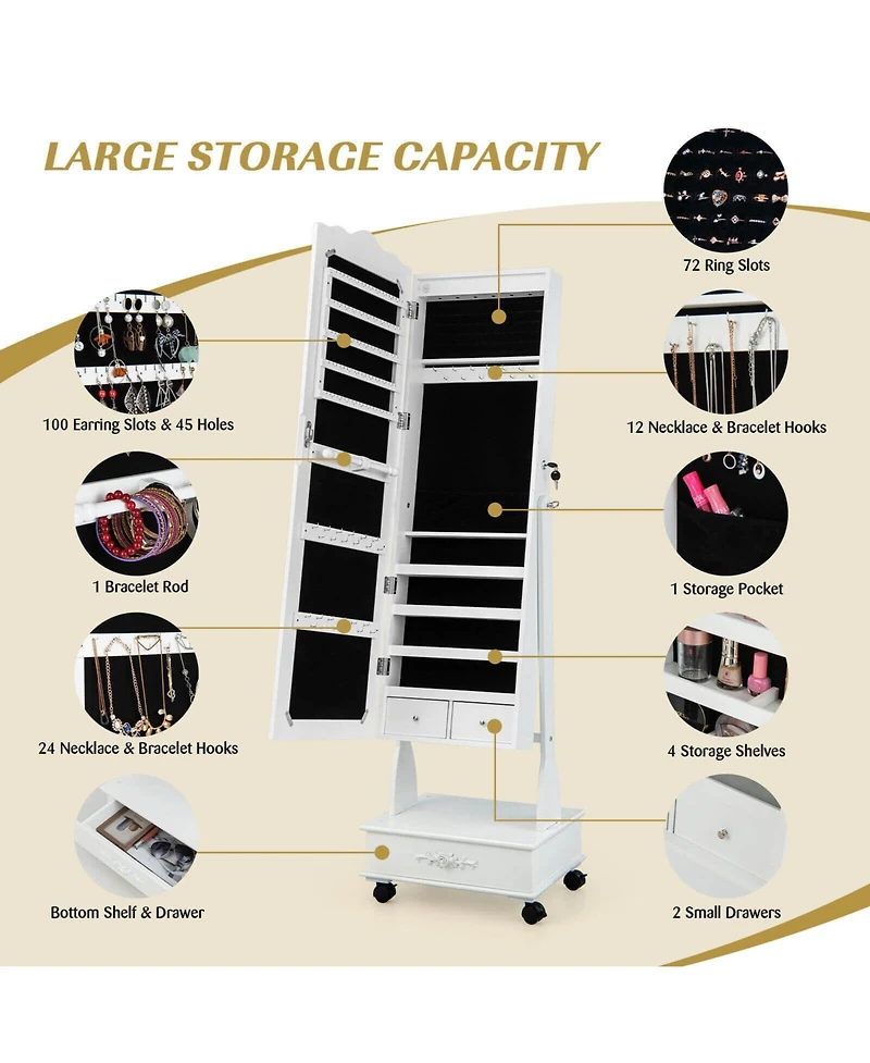 Rolling Floor Standing Mirrored Jewelry Armoire with Lock and Drawers