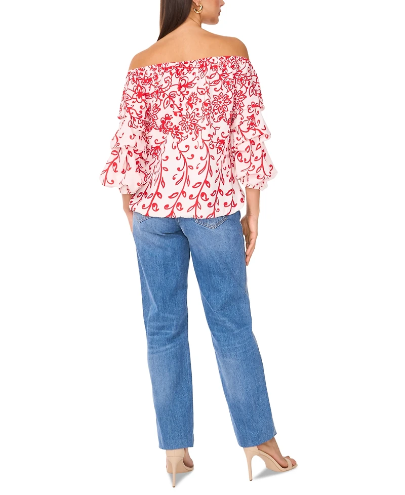 Vince Camuto Women's Floral Off The Shoulder Bubble Sleeve Tie Front Blouse