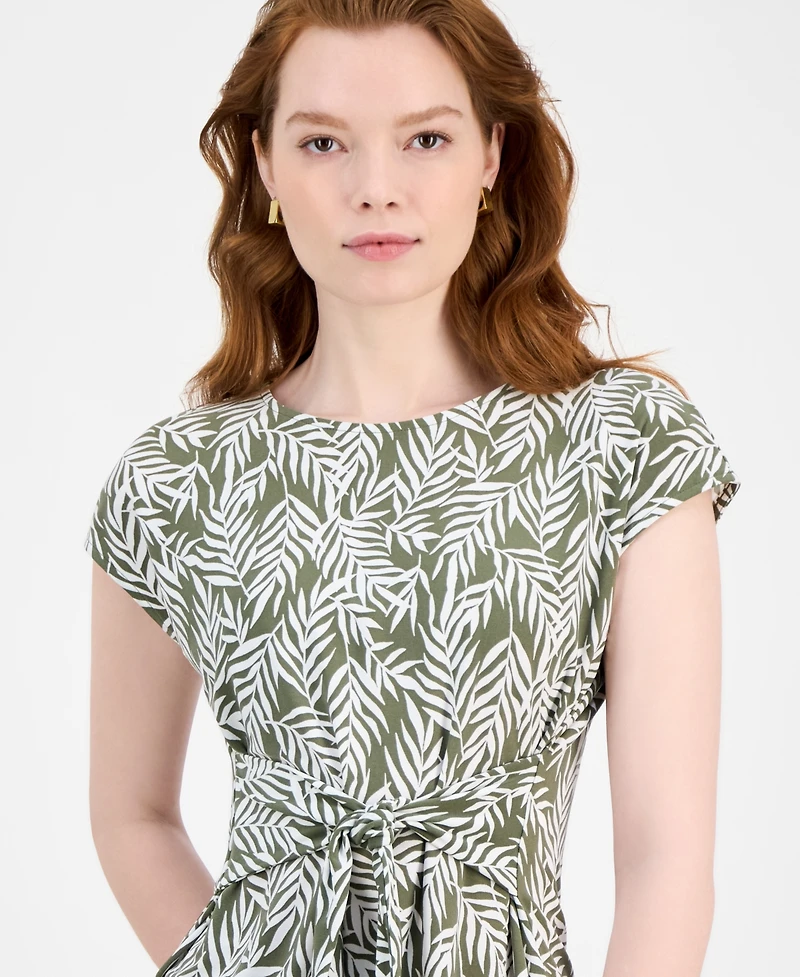Kasper Women's Leaf-Print Tie-Waist Cap-Sleeve Top
