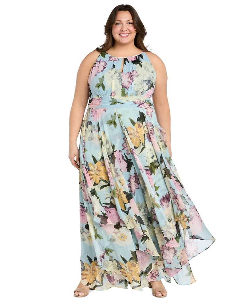 R & M Richards Plus Printed Sleeveless Ruffle Dress
