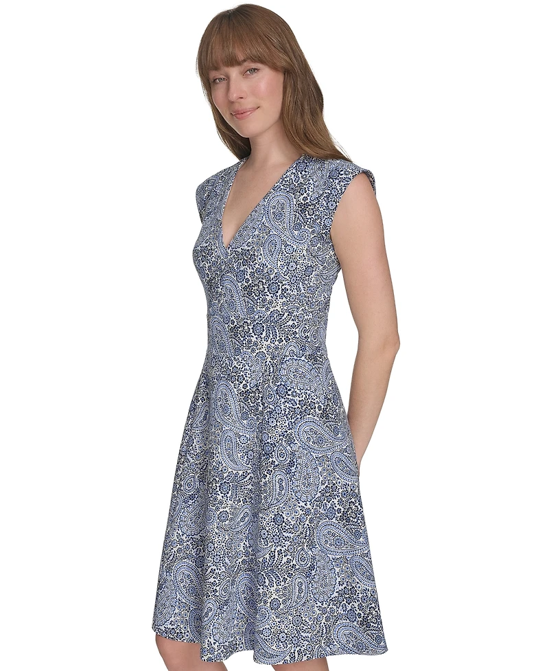 Tommy Hilfiger Women's Paisley-Print Cap-Sleeve V-Neck Hopsack Dress