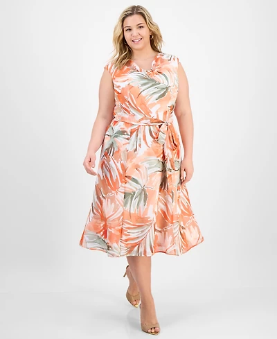 Kasper Plus Cowlneck Belted Sleeveless Midi Dress