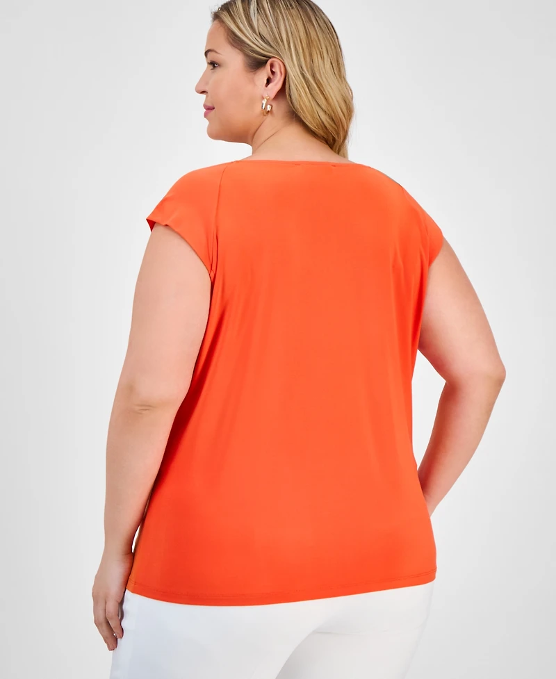 Kasper Plus Cowlneck Cap-Sleeve Top