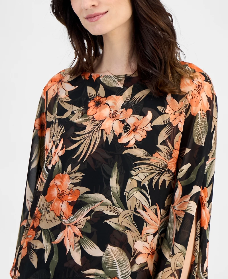 Kasper Women's Floral 3/4-Sleeve Poncho Blouse