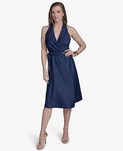 Halston Women's Sleeveless Halter-Neck Faux-Wrap Midi Dress