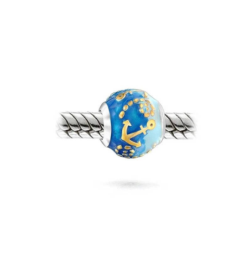 Bling Jewelry Tropical Ocean Blue Waves Anchor Charm Bead Gold Plated Silver Bracelet