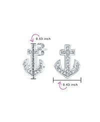 Bling Jewelry Whimsical Nautical Cz Stud Earrings with Boat Anchor, Pave Cubic Zirconia, Sterling Silver