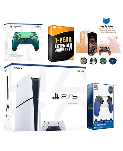 Sony Playstation 5 Slim Disc with Extra Controller, Trigger Stop Kit and MightySkins Decal Voucher + 1 Year Cps Extended Warranty