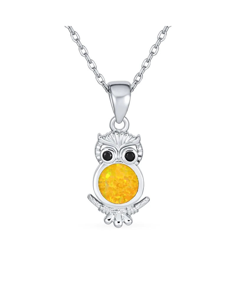 Bling Jewelry Opalescent Pet Animal Golden Yellow Created Opal Wide Eye Lucky Wise Bird Owl Necklace Pendant .925 Sterling Silver