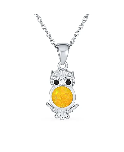 Bling Jewelry Opalescent Pet Animal Golden Yellow Created Opal Wide Eye Lucky Wise Bird Owl Necklace Pendant .925 Sterling Silver