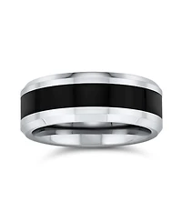 Bling Jewelry Simple Two Tone Black Center Couples Titanium Band Ring Silver Tone Beveled Edge 8MM