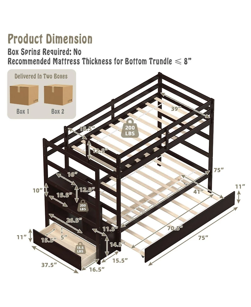 Twin Over Twin Bunk Bed with Storage Shelf and Drawer
