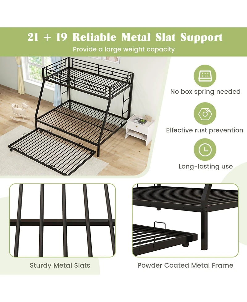 Twin Over Full Bunk Bed Frame with Trundle for Guest Room
