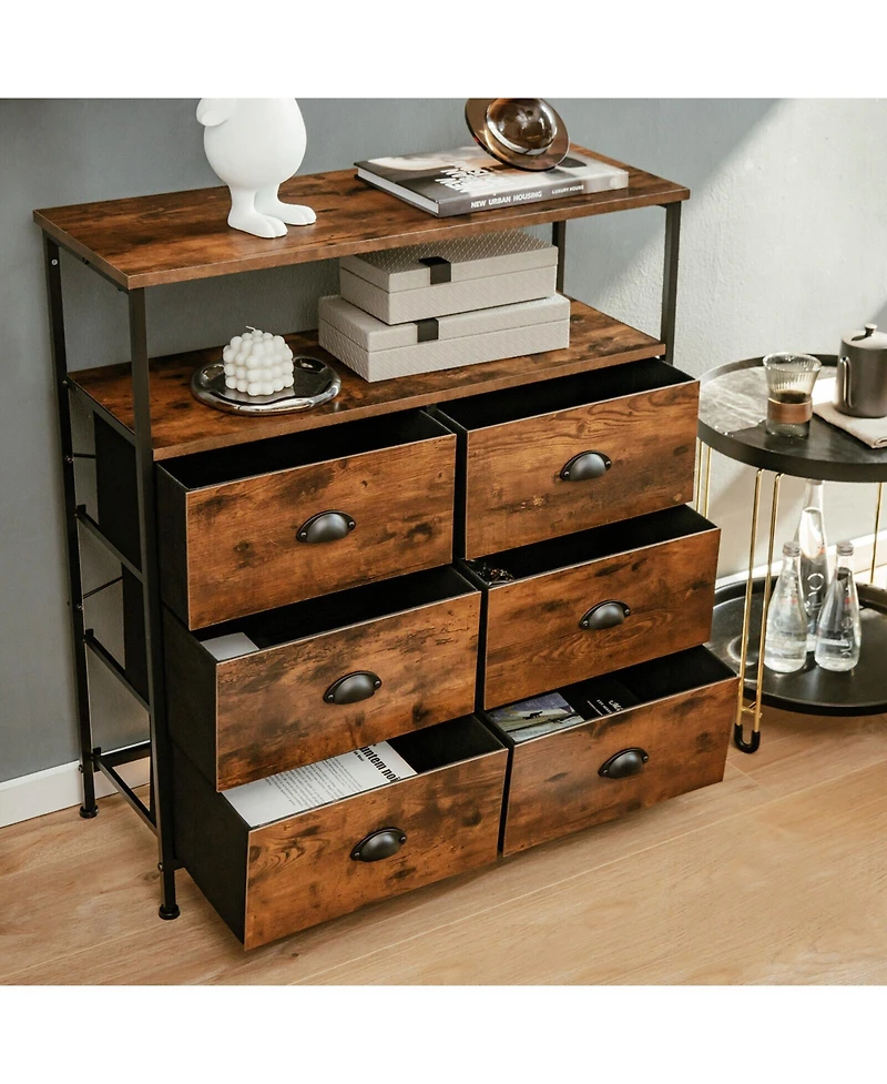 2-Tier Storage Chest with Wooden Top and 6 Fabric Drawers
