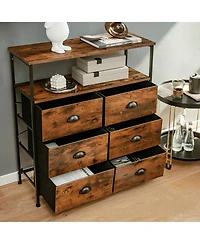 2-Tier Storage Chest with Wooden Top and 6 Fabric Drawers