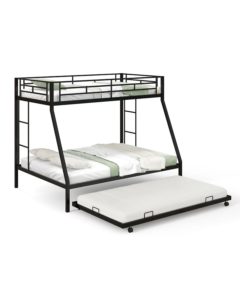 Twin Over Full Bunk Bed Frame with Trundle for Guest Room