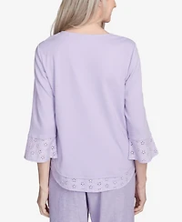 Alfred Dunner Women's Crystal Springs Floral Embroidered Keyhole Neck Top