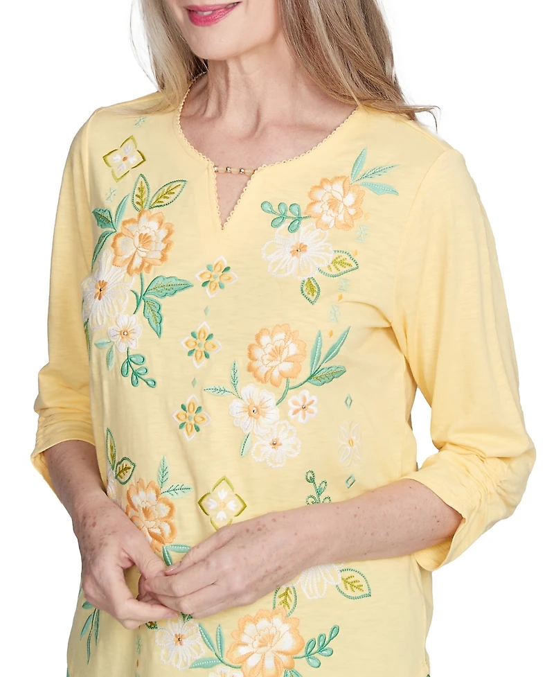 Alfred Dunner Women's Rise Shine Sunny Floral Embroidered Split Neck Top